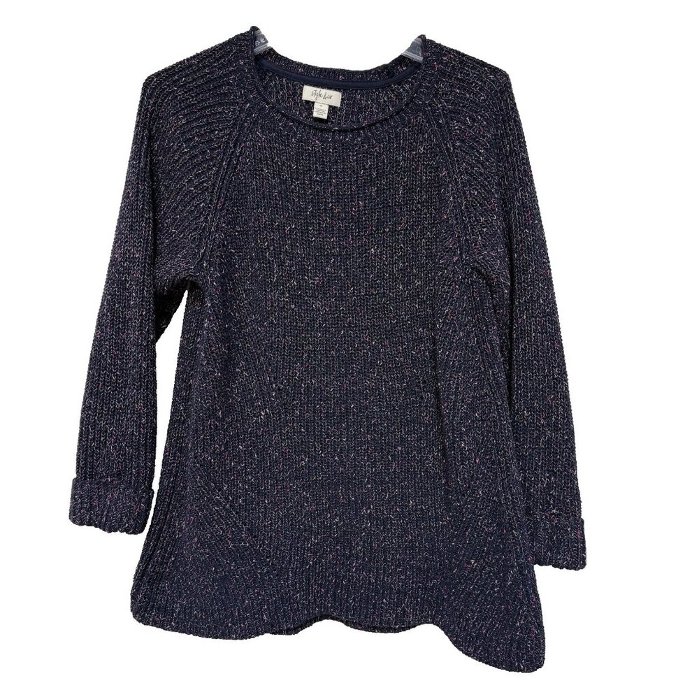 Style & Co Womens 1X Pullover Sweater Crew Neck Navy Color Specks Tight Knitted